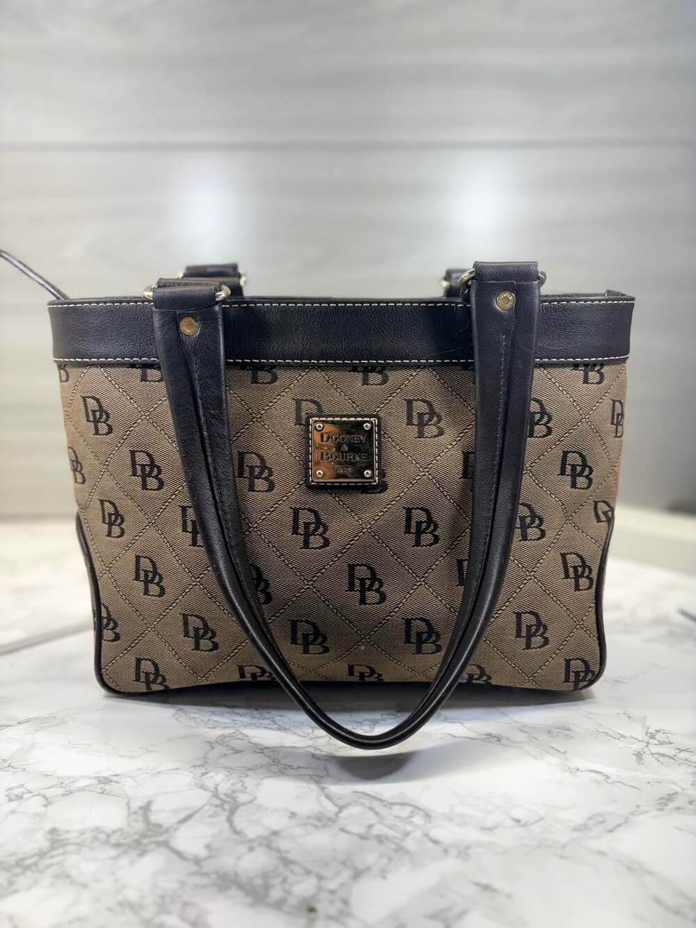 Dooney & Bourke Signature Monogram DB Diamond Pattern Shoulder Bag Tan and Black